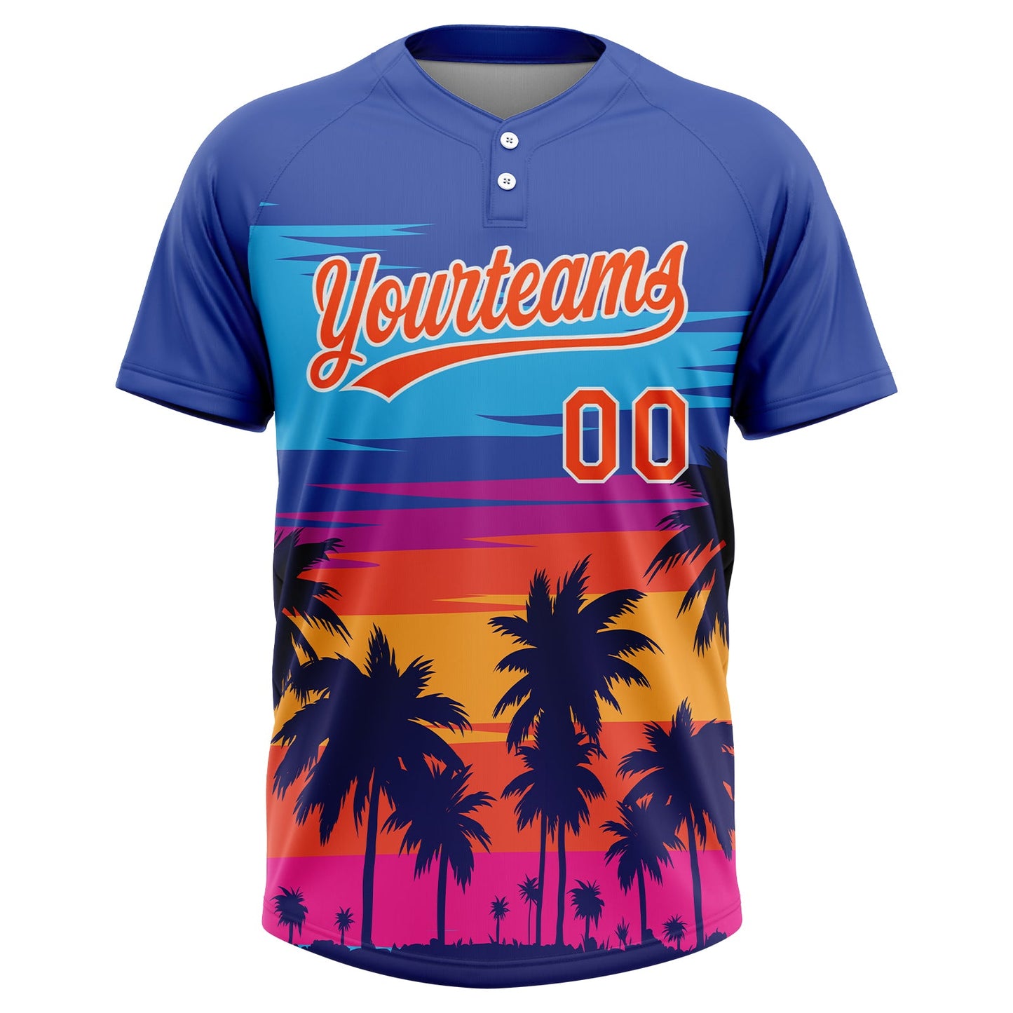 Custom Royal Orange-White Tropical Hawaii Palm Trees Two-Button Unisex Softball Jersey view 2