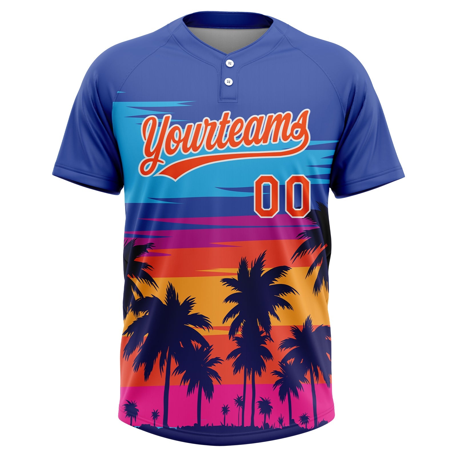 Custom Royal Orange-White Tropical Hawaii Palm Trees Two-Button Unisex Softball Jersey view 2