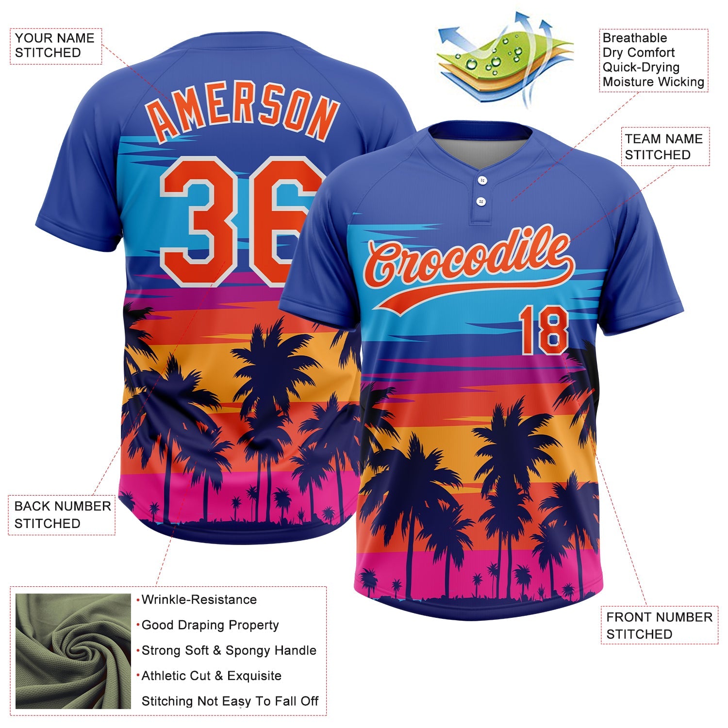 Custom Royal Orange-White Tropical Hawaii Palm Trees Two-Button Unisex Softball Jersey view 3