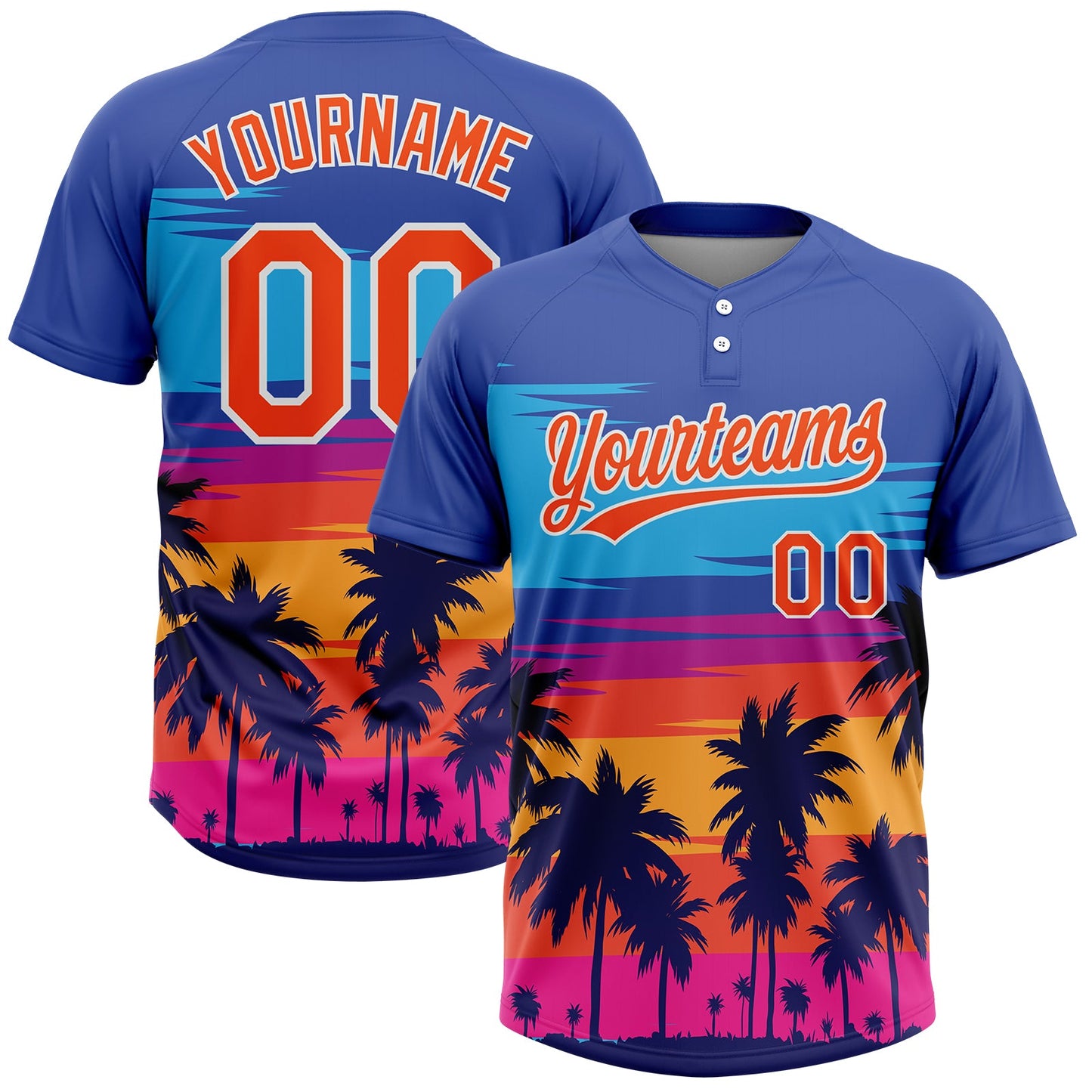 Custom Royal Orange-White Tropical Hawaii Palm Trees Two-Button Unisex Softball Jersey - Main View