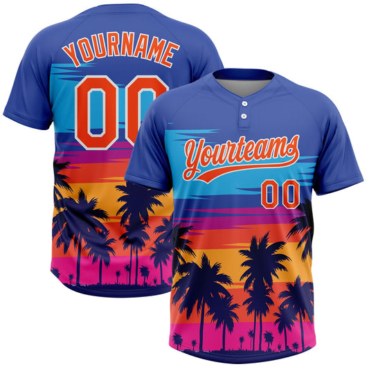 Custom Royal Orange-White Tropical Hawaii Palm Trees Two-Button Unisex Softball Jersey - Main View