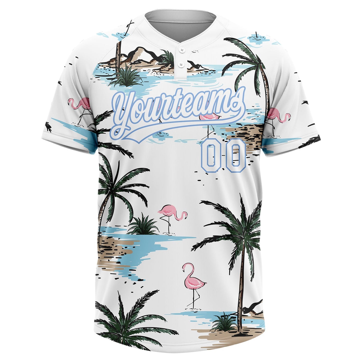 Custom White Light Blue Tropical Hawaii Palm Trees And Flamingo Two-Button Unisex Softball Jersey view 2
