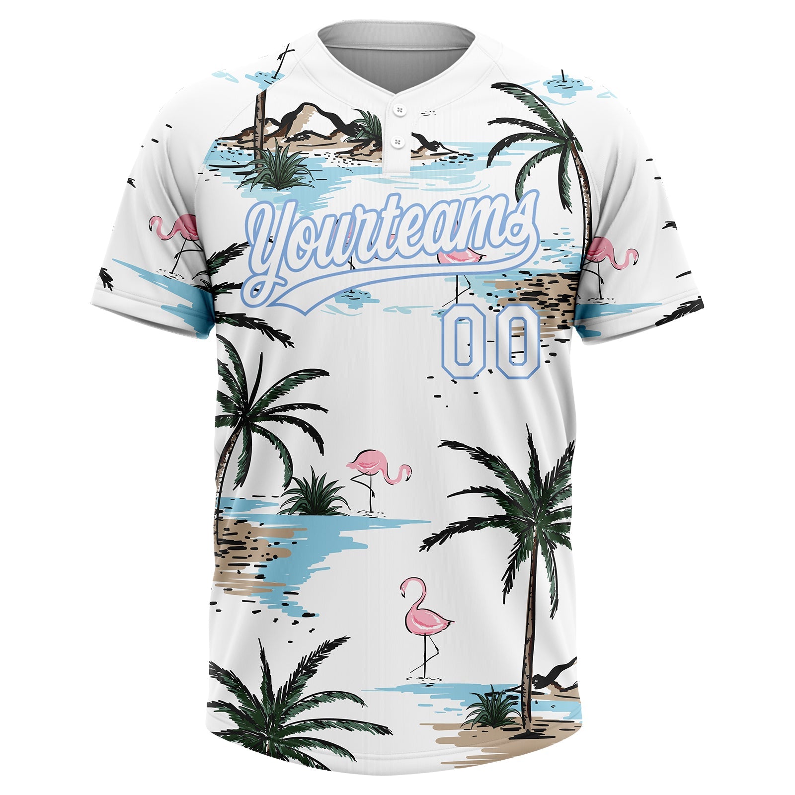 Custom White Light Blue Tropical Hawaii Palm Trees And Flamingo Two-Button Unisex Softball Jersey view 2