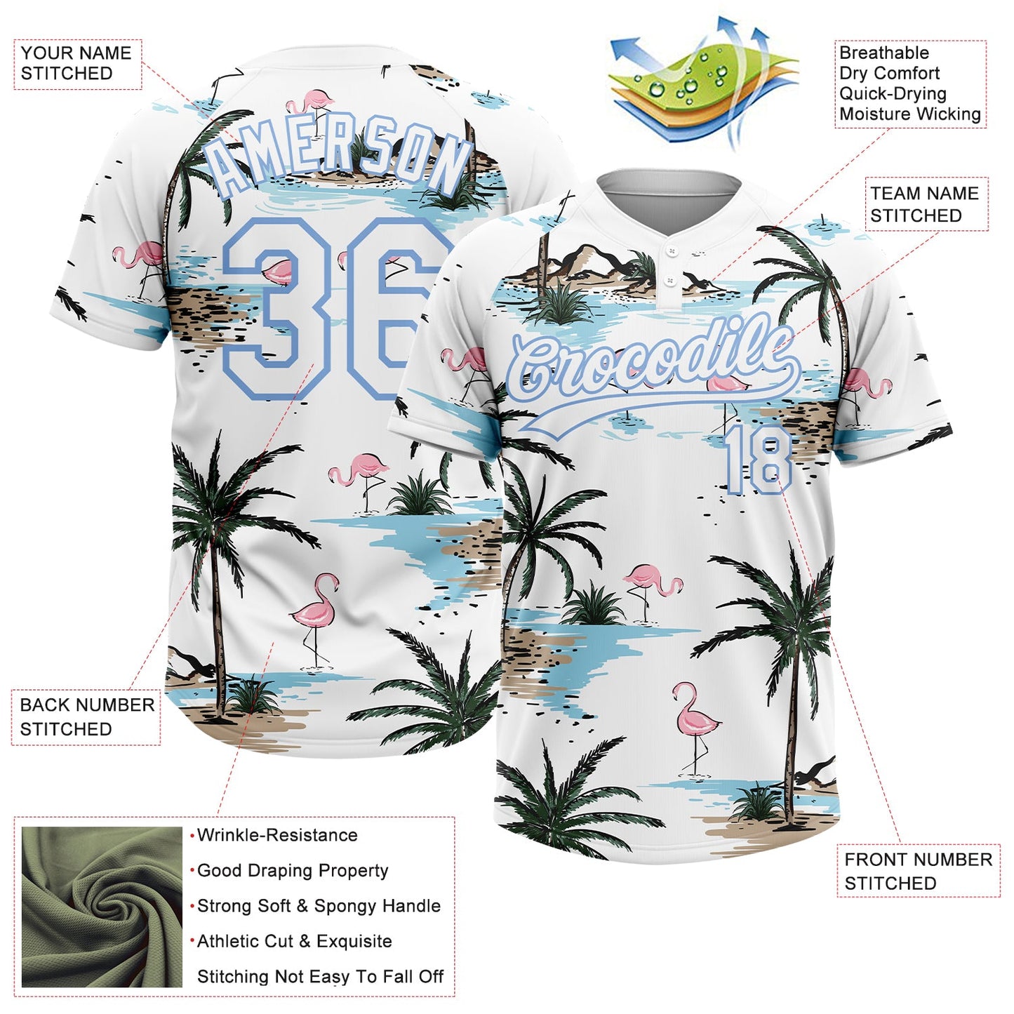 Custom White Light Blue Tropical Hawaii Palm Trees And Flamingo Two-Button Unisex Softball Jersey view 3