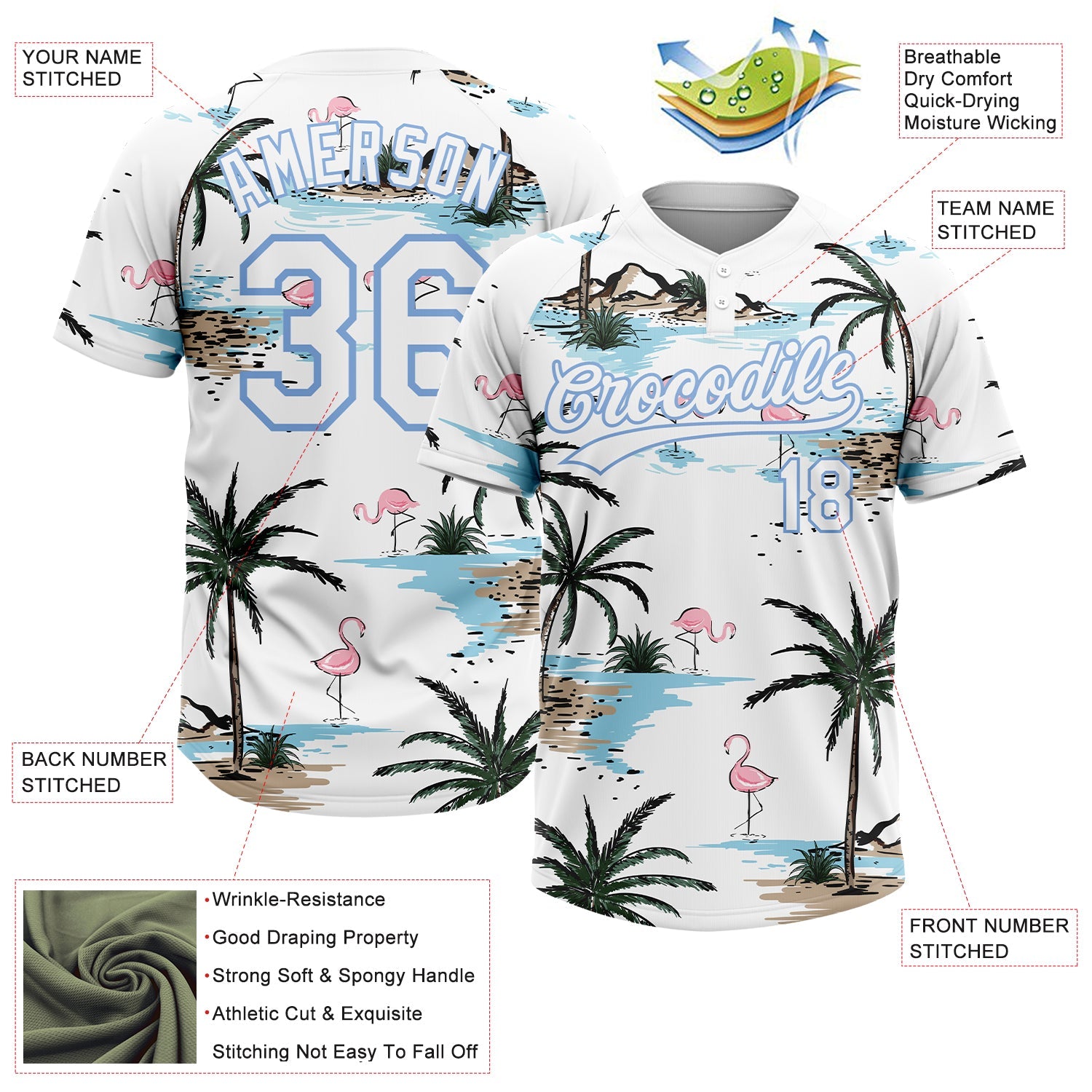 Custom White Light Blue Tropical Hawaii Palm Trees And Flamingo Two-Button Unisex Softball Jersey view 3