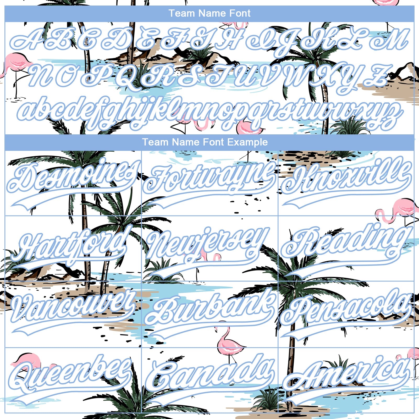 Custom White Light Blue Tropical Hawaii Palm Trees And Flamingo Two-Button Unisex Softball Jersey view 4