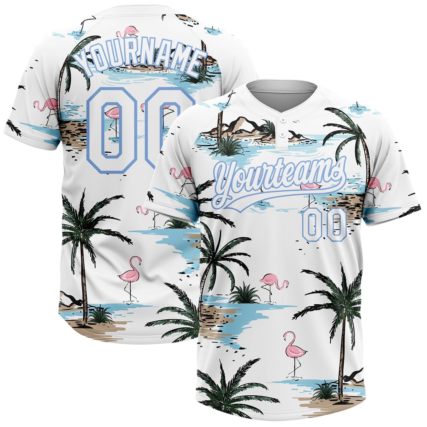 Custom White Light Blue Tropical Hawaii Palm Trees And Flamingo Two-Button Unisex Softball Jersey - Main View