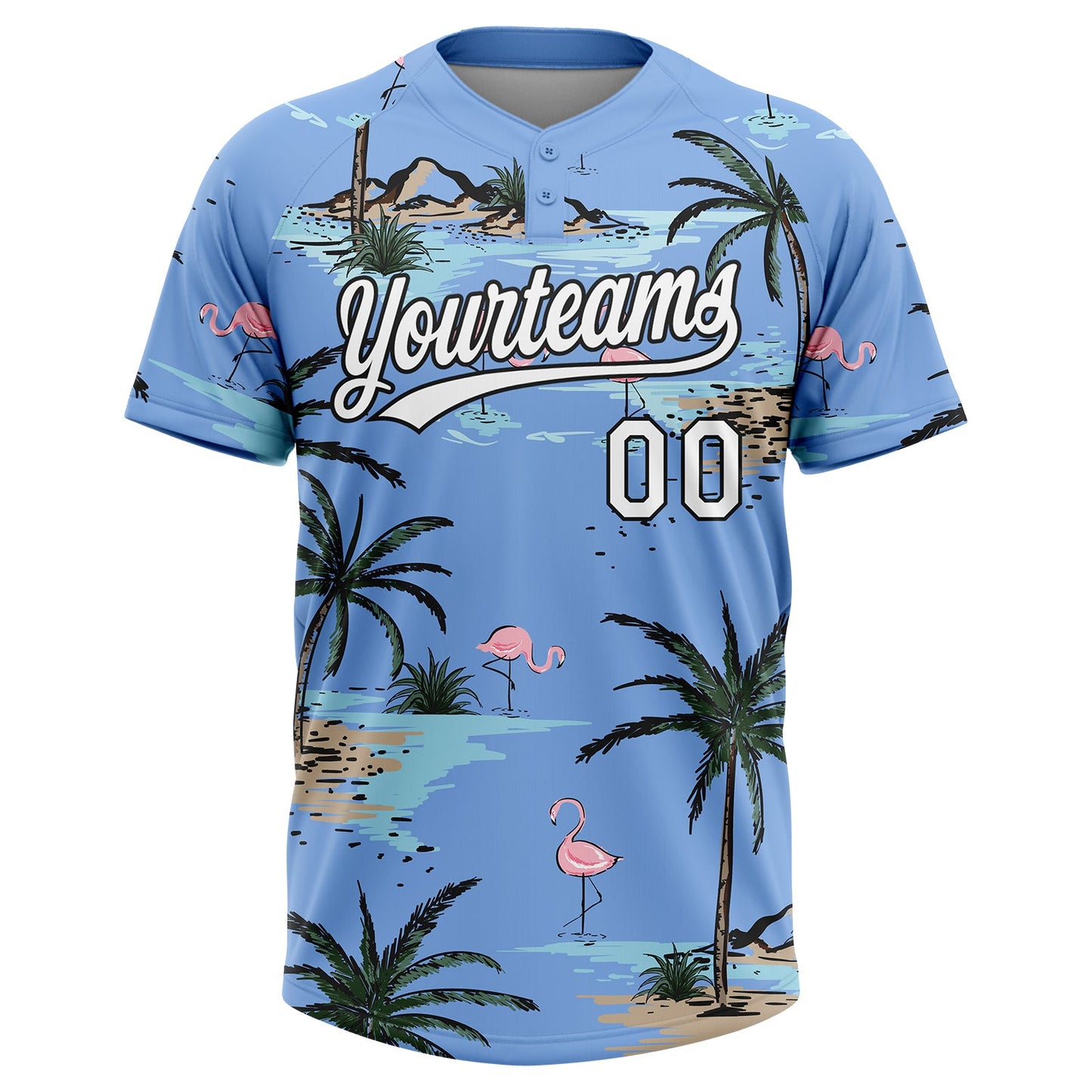 Custom Light Blue White-Black Tropical Hawaii Palm Trees And Flamingo Two-Button Unisex Softball Jersey view 2