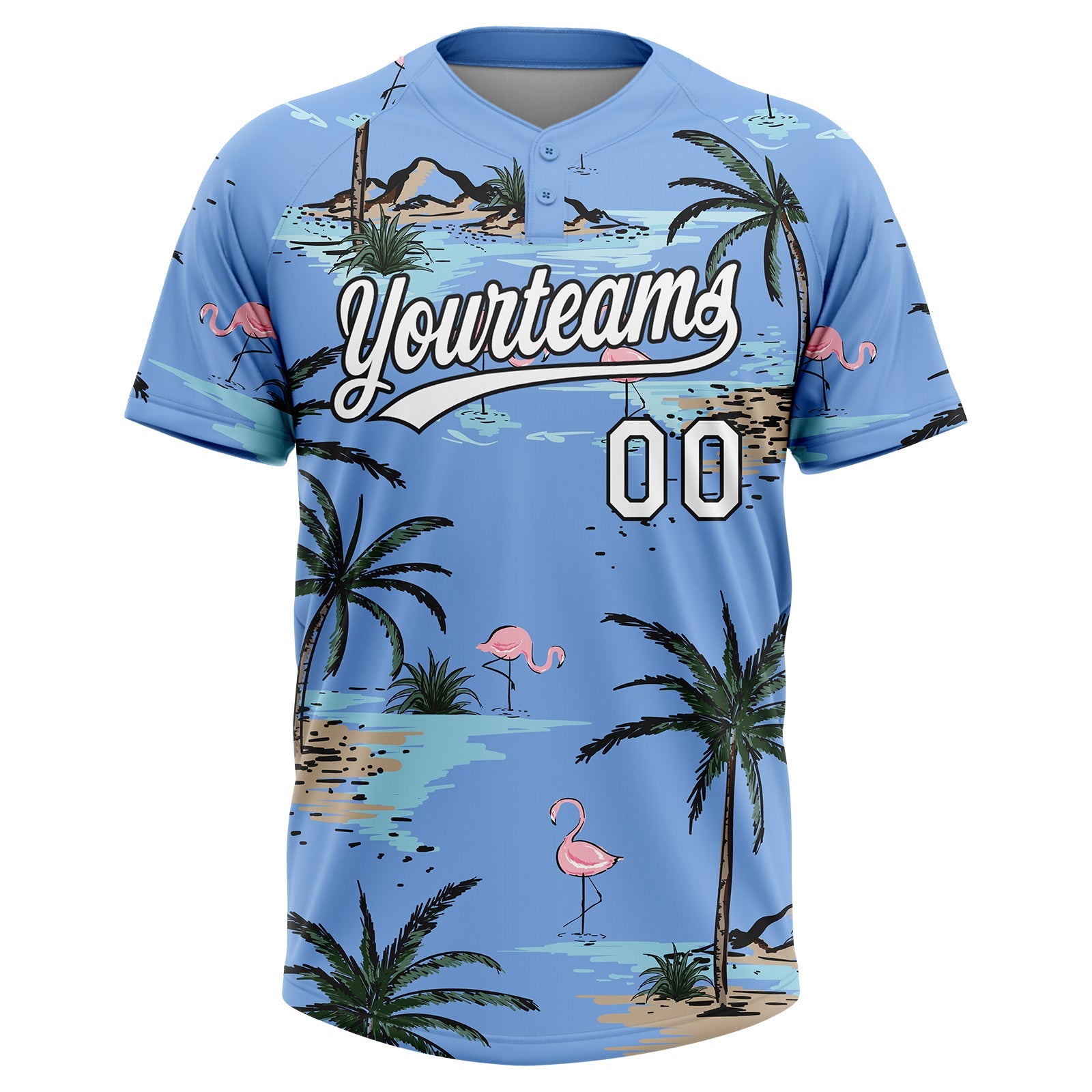 Custom Light Blue White-Black Tropical Hawaii Palm Trees And Flamingo Two-Button Unisex Softball Jersey view 2