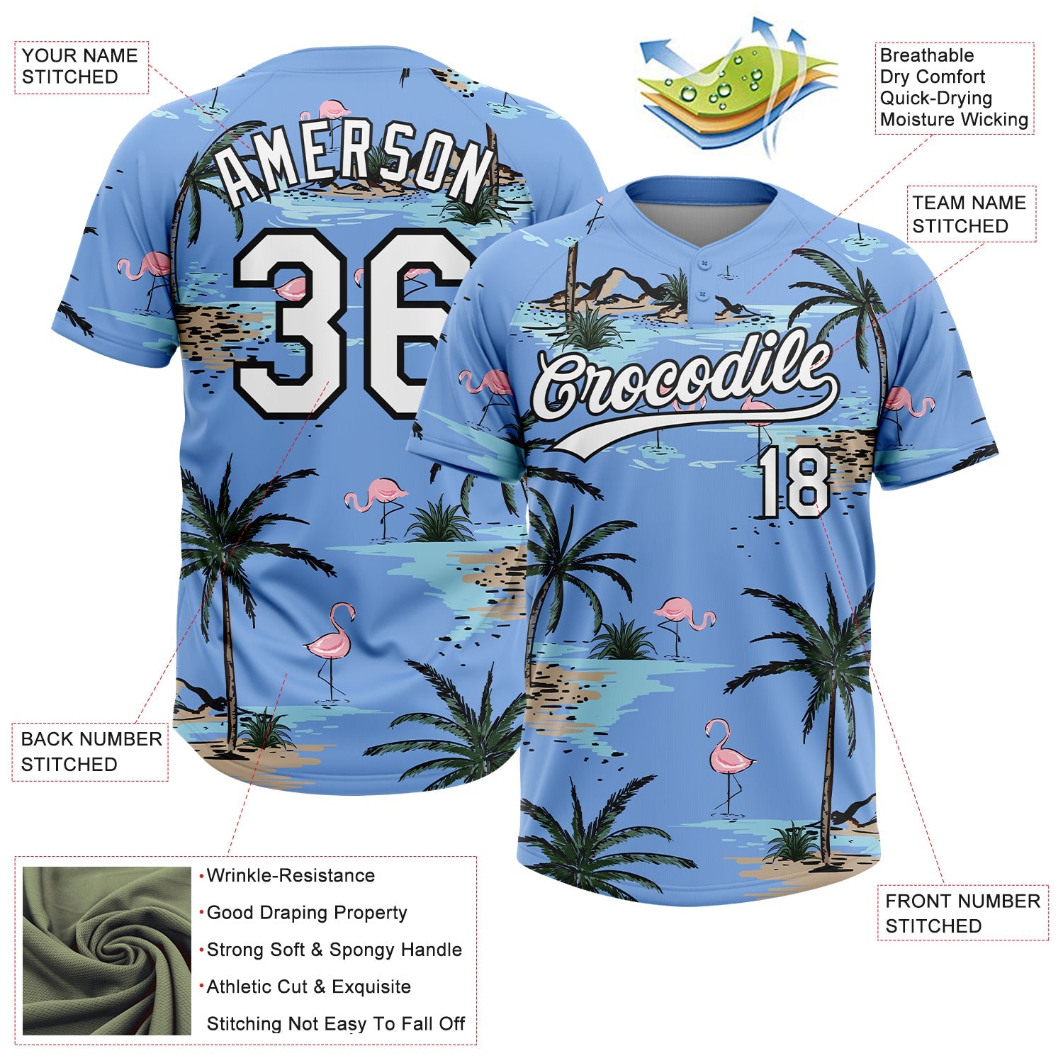 Custom Light Blue White-Black Tropical Hawaii Palm Trees And Flamingo Two-Button Unisex Softball Jersey view 3