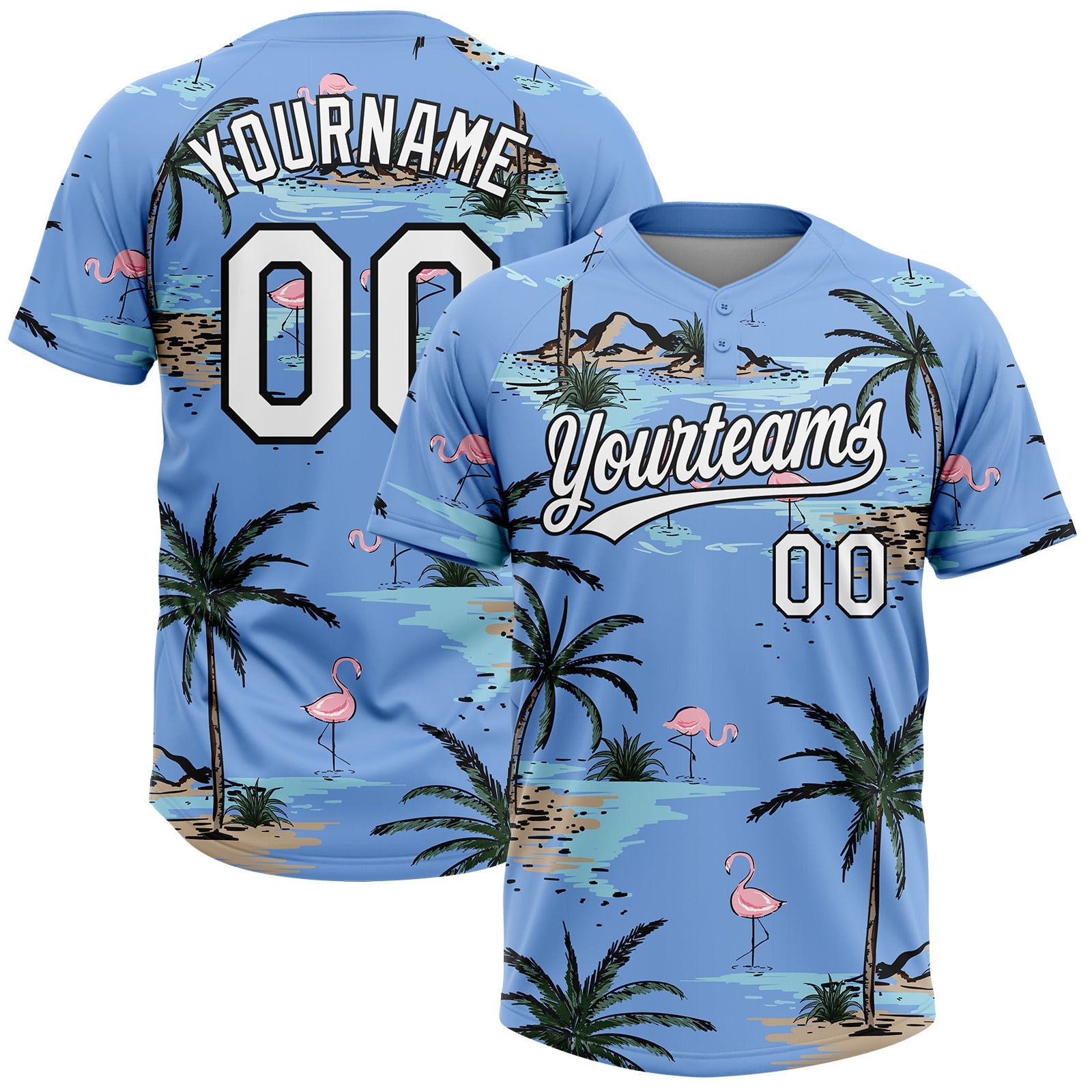 Custom Light Blue White-Black Tropical Hawaii Palm Trees And Flamingo Two-Button Unisex Softball Jersey - Main View