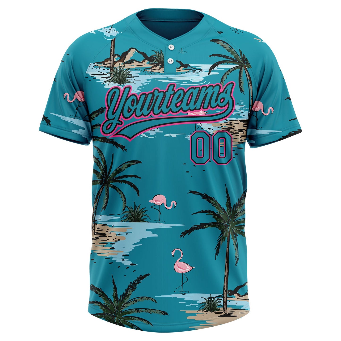 Custom Teal Black-Pink Tropical Hawaii Palm Trees And Flamingo Two-Button Unisex Softball Jersey view 2