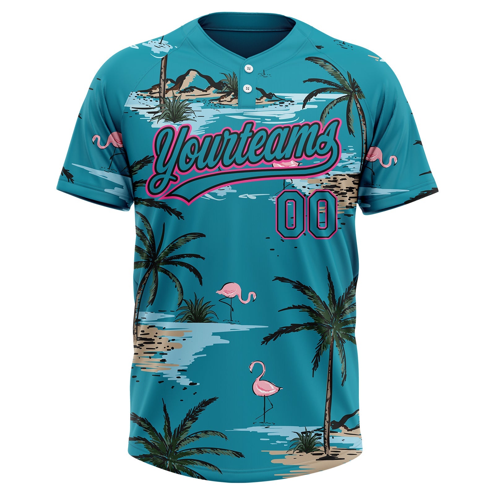 Custom Teal Black-Pink Tropical Hawaii Palm Trees And Flamingo Two-Button Unisex Softball Jersey view 2