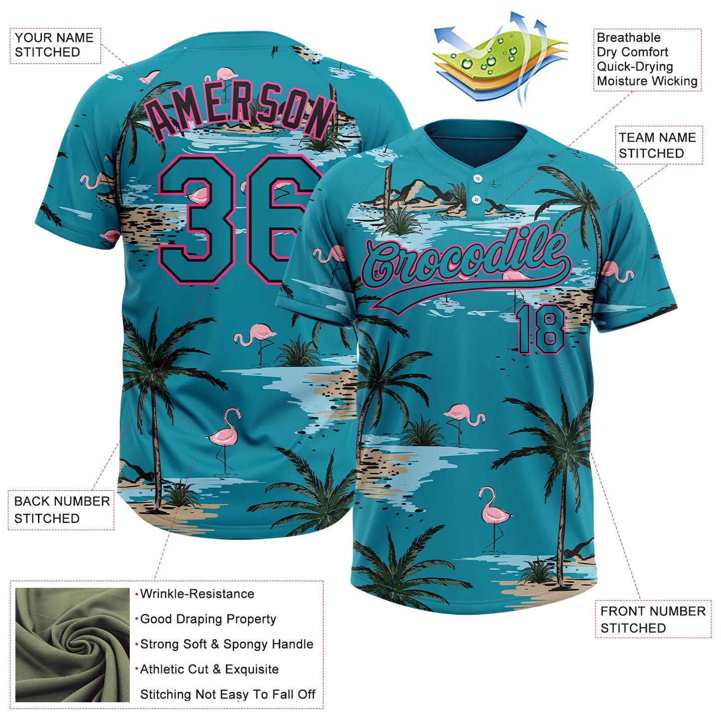 Custom Teal Black-Pink Tropical Hawaii Palm Trees And Flamingo Two-Button Unisex Softball Jersey view 3