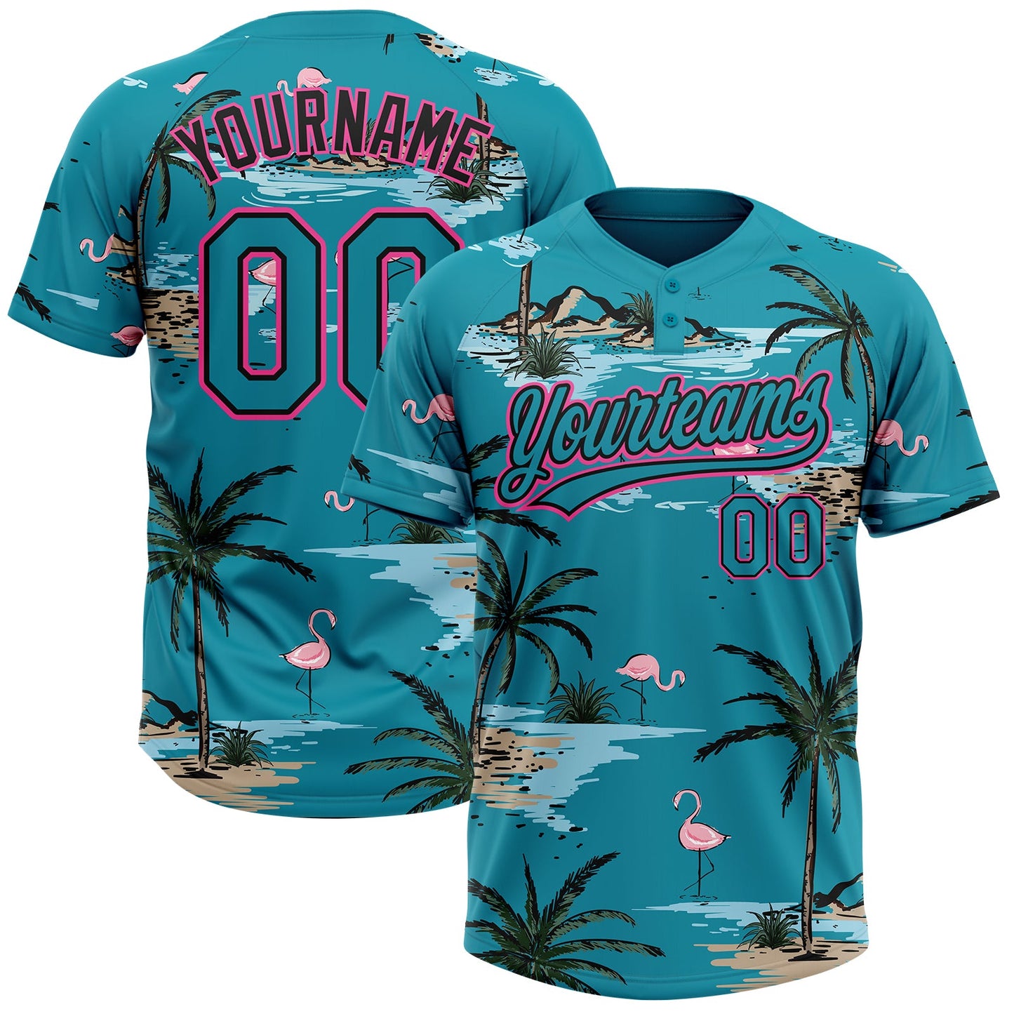 Custom Teal Black-Pink Tropical Hawaii Palm Trees And Flamingo Two-Button Unisex Softball Jersey - Main View