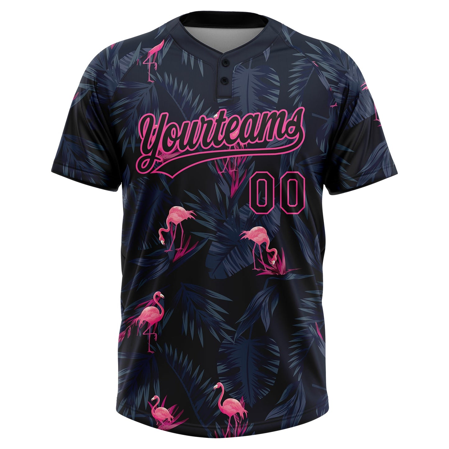 Custom Black Pink Tropical Hawaii Palm Leaves And Flamingo Two-Button Unisex Softball Jersey view 2