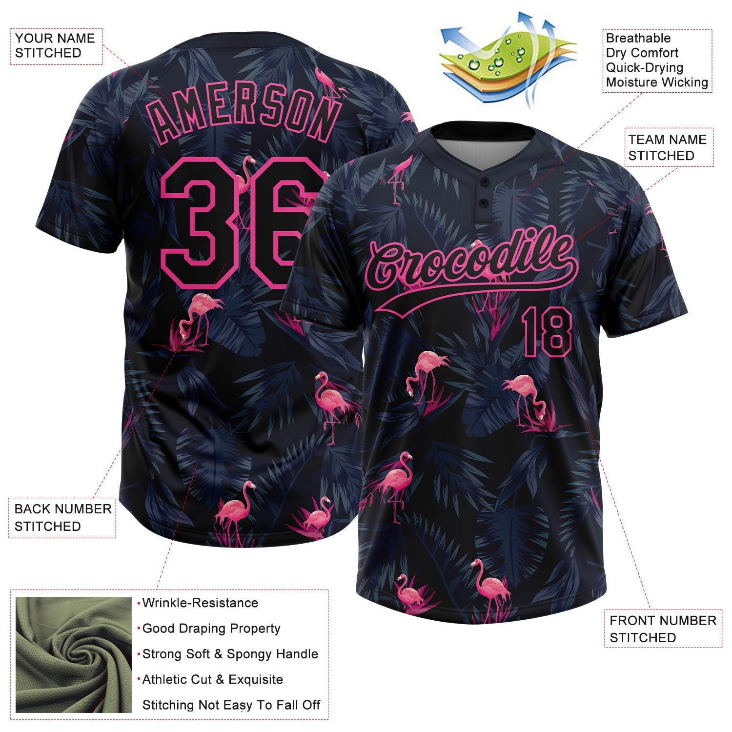 Custom Black Pink Tropical Hawaii Palm Leaves And Flamingo Two-Button Unisex Softball Jersey view 3