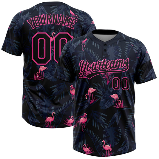 Custom Black Pink Tropical Hawaii Palm Leaves And Flamingo Two-Button Unisex Softball Jersey - Main View