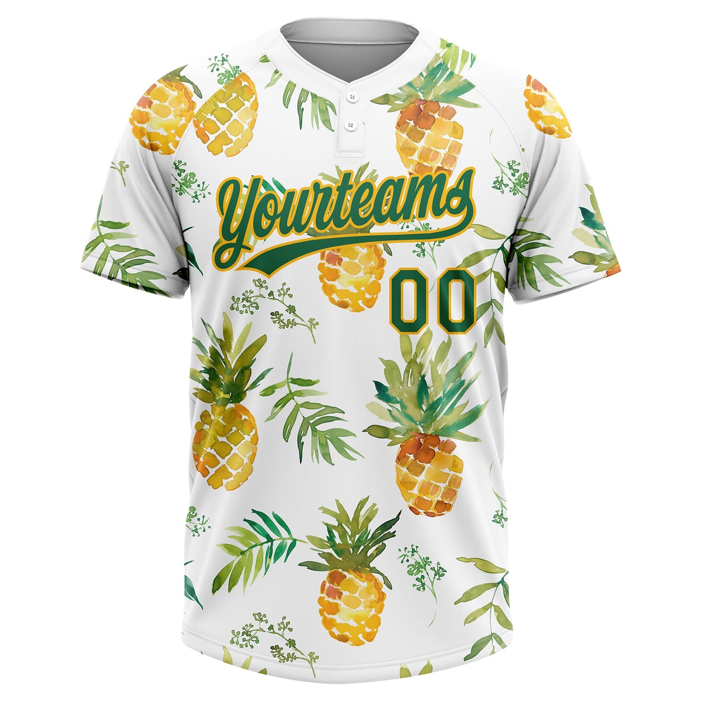 Custom White Kelly Green-Gold Hawaii Fruit Pineapples Two-Button Unisex Softball Jersey view 2
