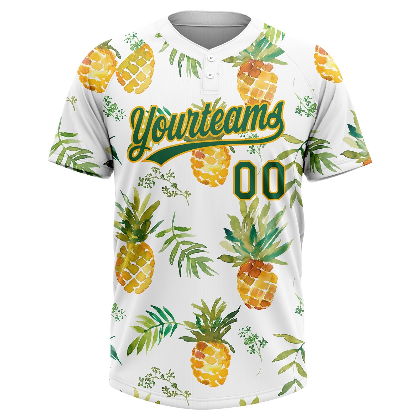 Custom White Kelly Green-Gold Hawaii Fruit Pineapples Two-Button Unisex Softball Jersey view 2