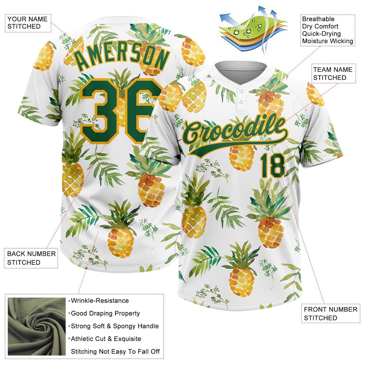 Custom White Kelly Green-Gold Hawaii Fruit Pineapples Two-Button Unisex Softball Jersey view 3