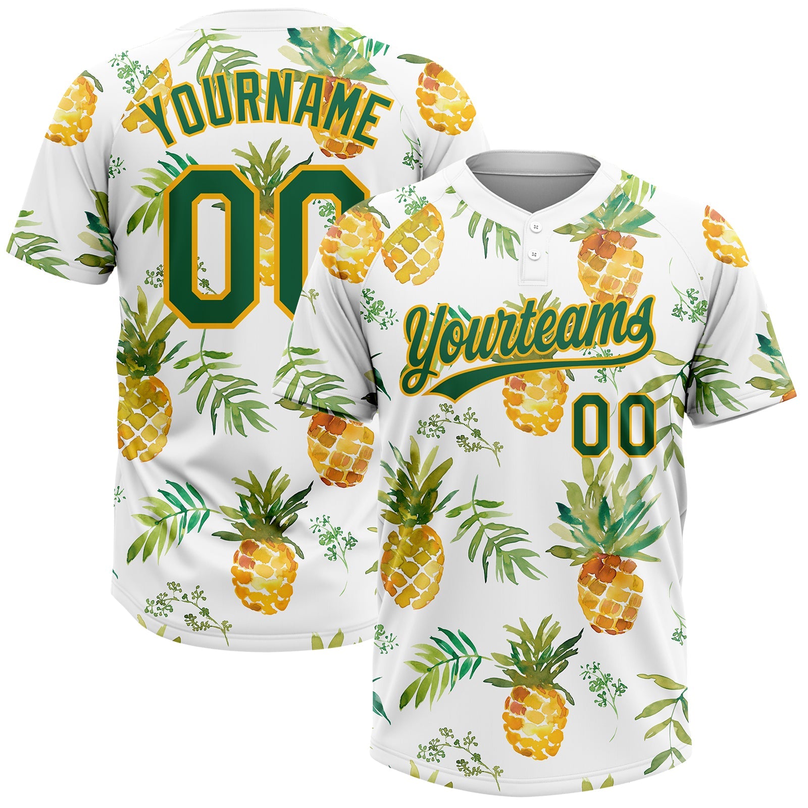 Custom White Kelly Green-Gold Hawaii Fruit Pineapples Two-Button Unisex Softball Jersey - Main View