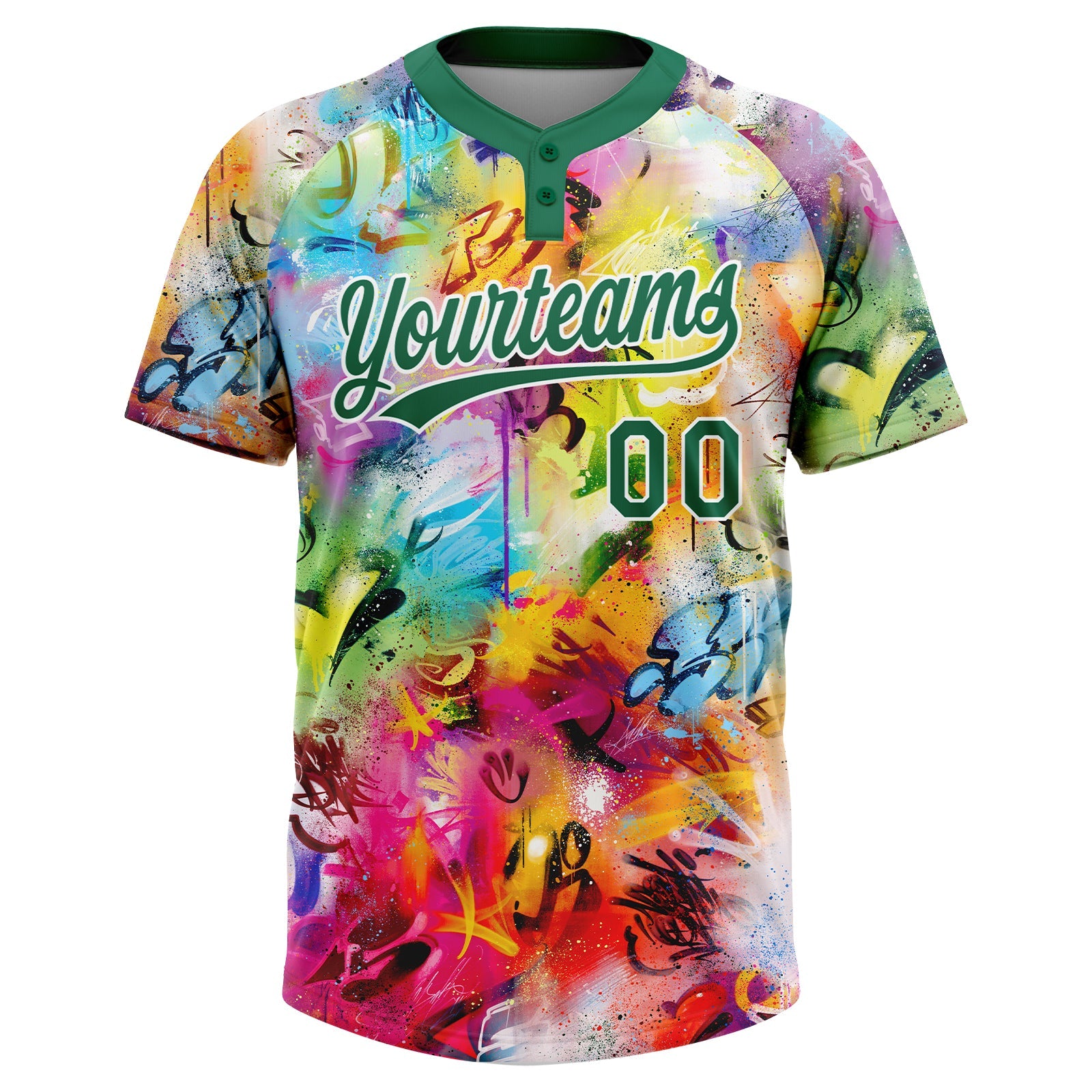 Custom Graffiti Pattern Kelly Green-White Vibrant Multi-Color Street Style Two-Button Unisex Softball Jersey view 2