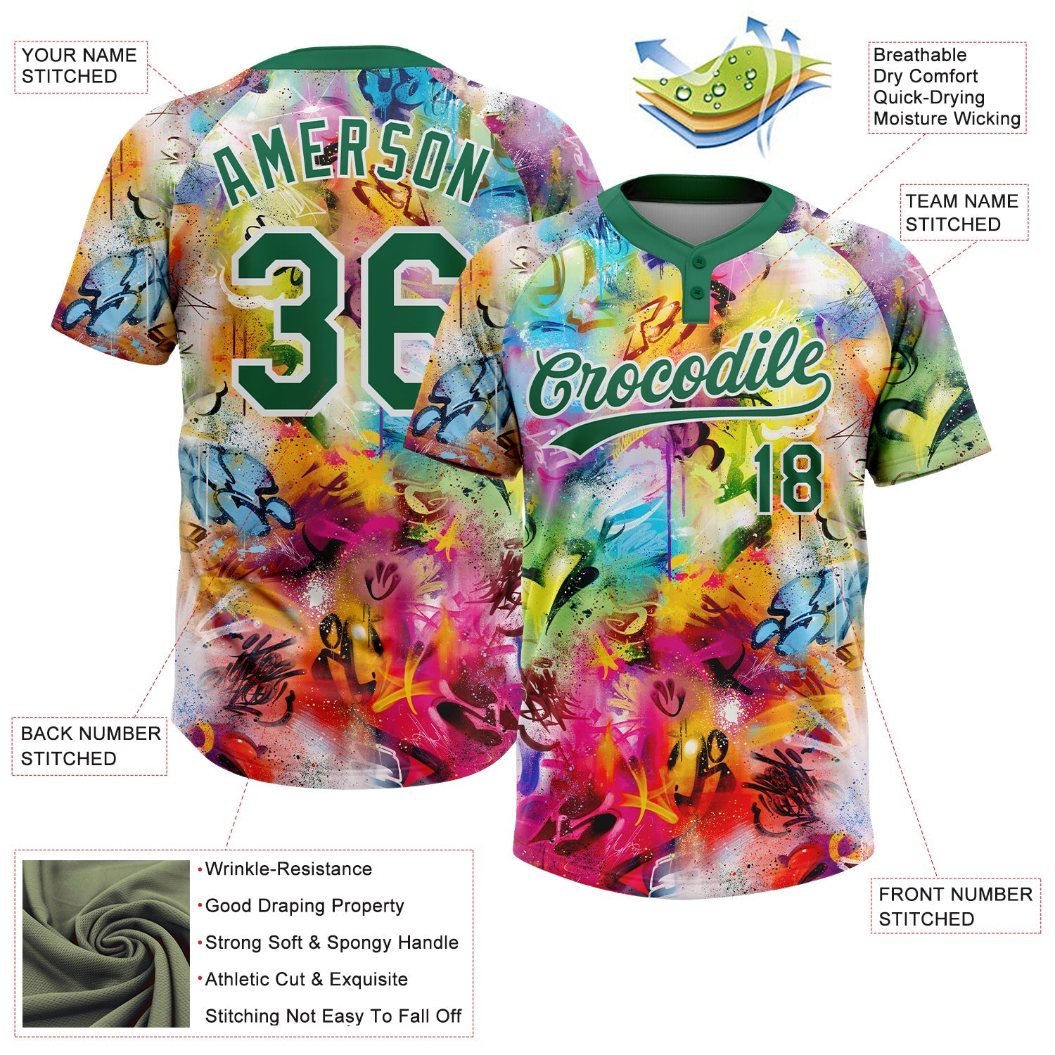 Custom Graffiti Pattern Kelly Green-White Vibrant Multi-Color Street Style Two-Button Unisex Softball Jersey view 3