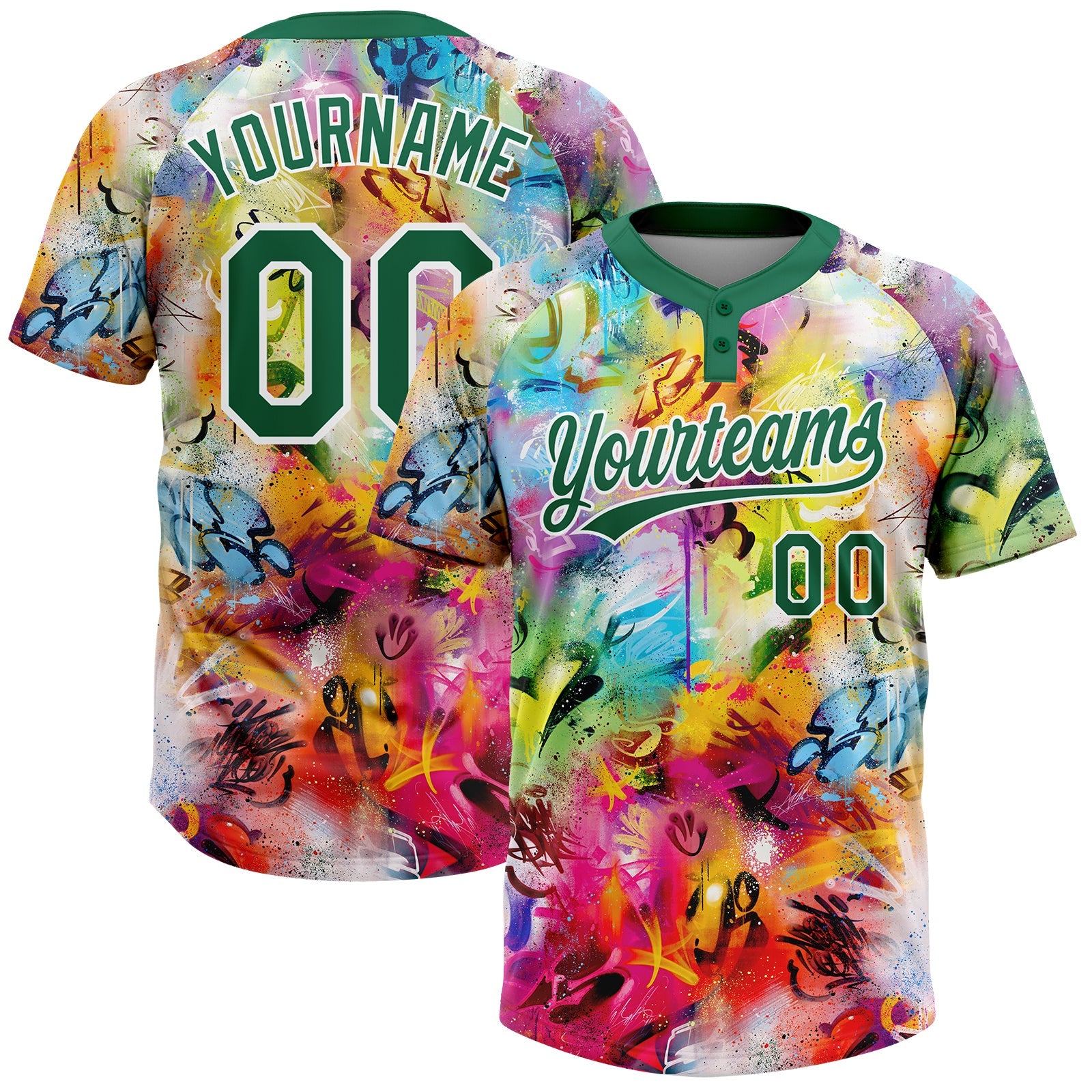 Custom Graffiti Pattern Kelly Green-White Vibrant Multi-Color Street Style Two-Button Unisex Softball Jersey - Main View