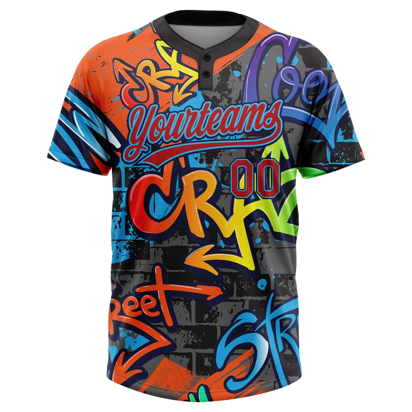 Custom Graffiti Pattern Red Sky Blue-Navy Vibrant Multi-Color Street Style Two-Button Unisex Softball Jersey view 2