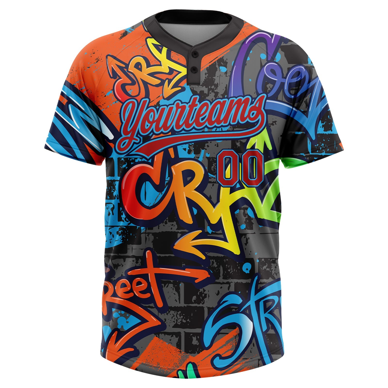 Custom Graffiti Pattern Red Sky Blue-Navy Vibrant Multi-Color Street Style Two-Button Unisex Softball Jersey view 2