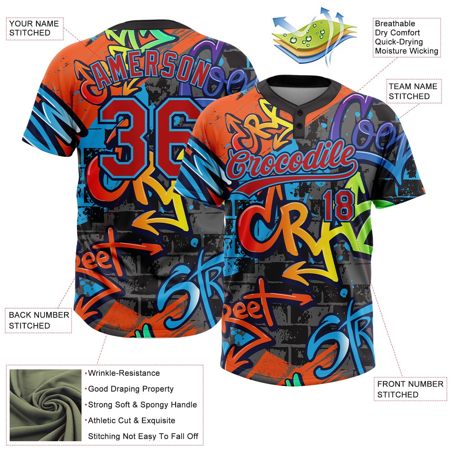 Custom Graffiti Pattern Red Sky Blue-Navy Vibrant Multi-Color Street Style Two-Button Unisex Softball Jersey view 3