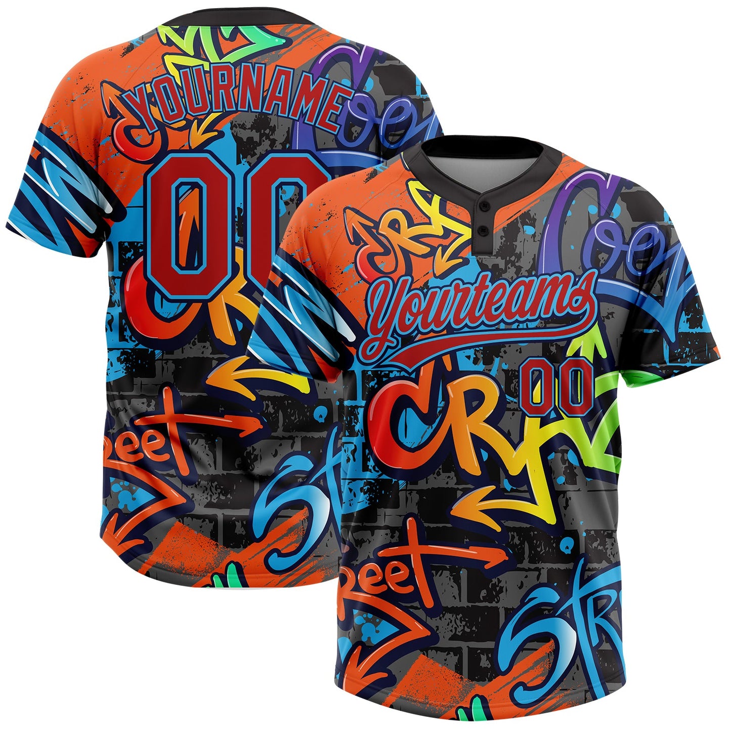 Custom Graffiti Pattern Red Sky Blue-Navy Vibrant Multi-Color Street Style Two-Button Unisex Softball Jersey - Main View