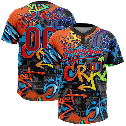 Custom Graffiti Pattern Red Sky Blue-Navy Vibrant Multi-Color Street Style Two-Button Unisex Softball Jersey - Main View