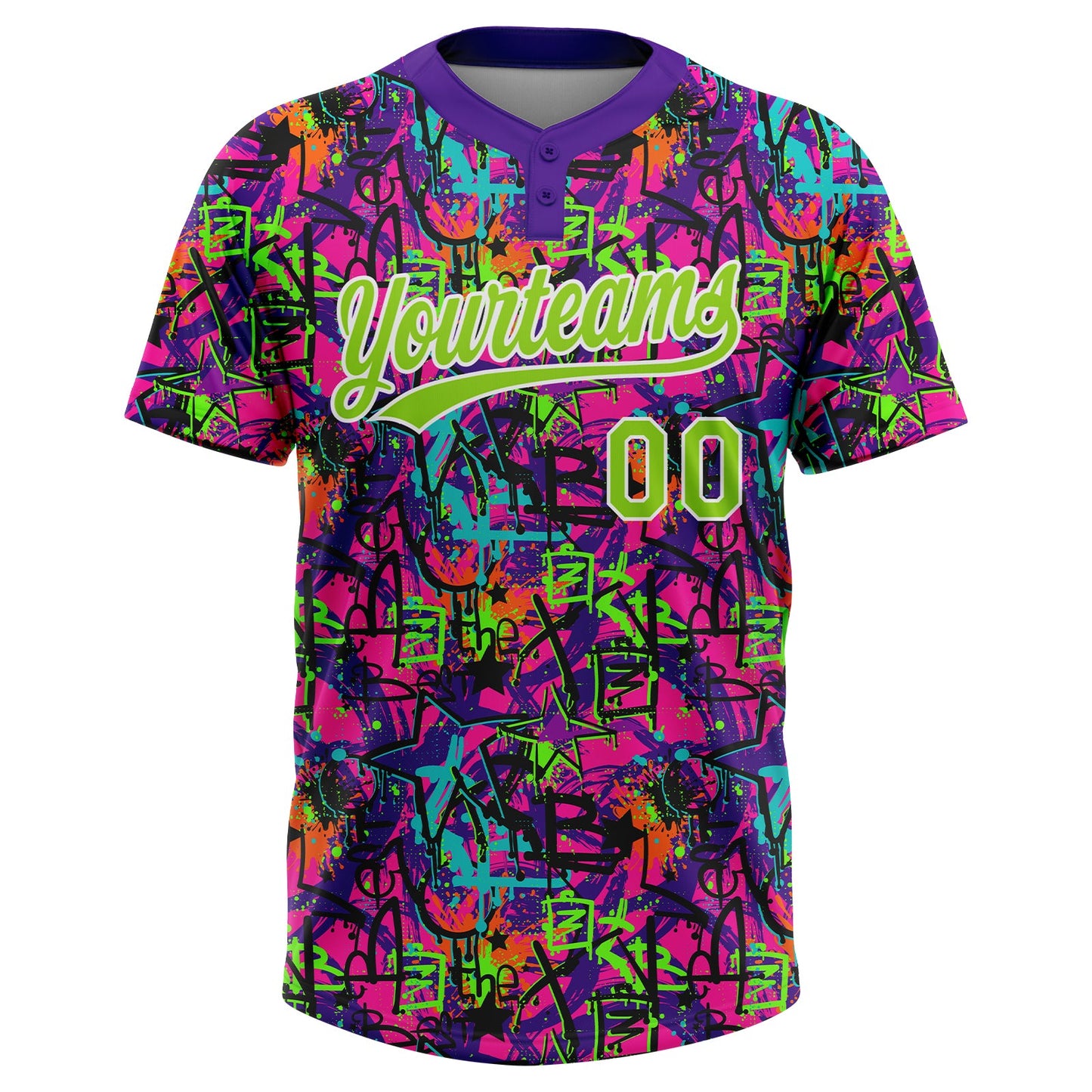 Custom Graffiti Pattern Neon Green-White Vibrant Multi-Color Street Style Two-Button Unisex Softball Jersey view 2