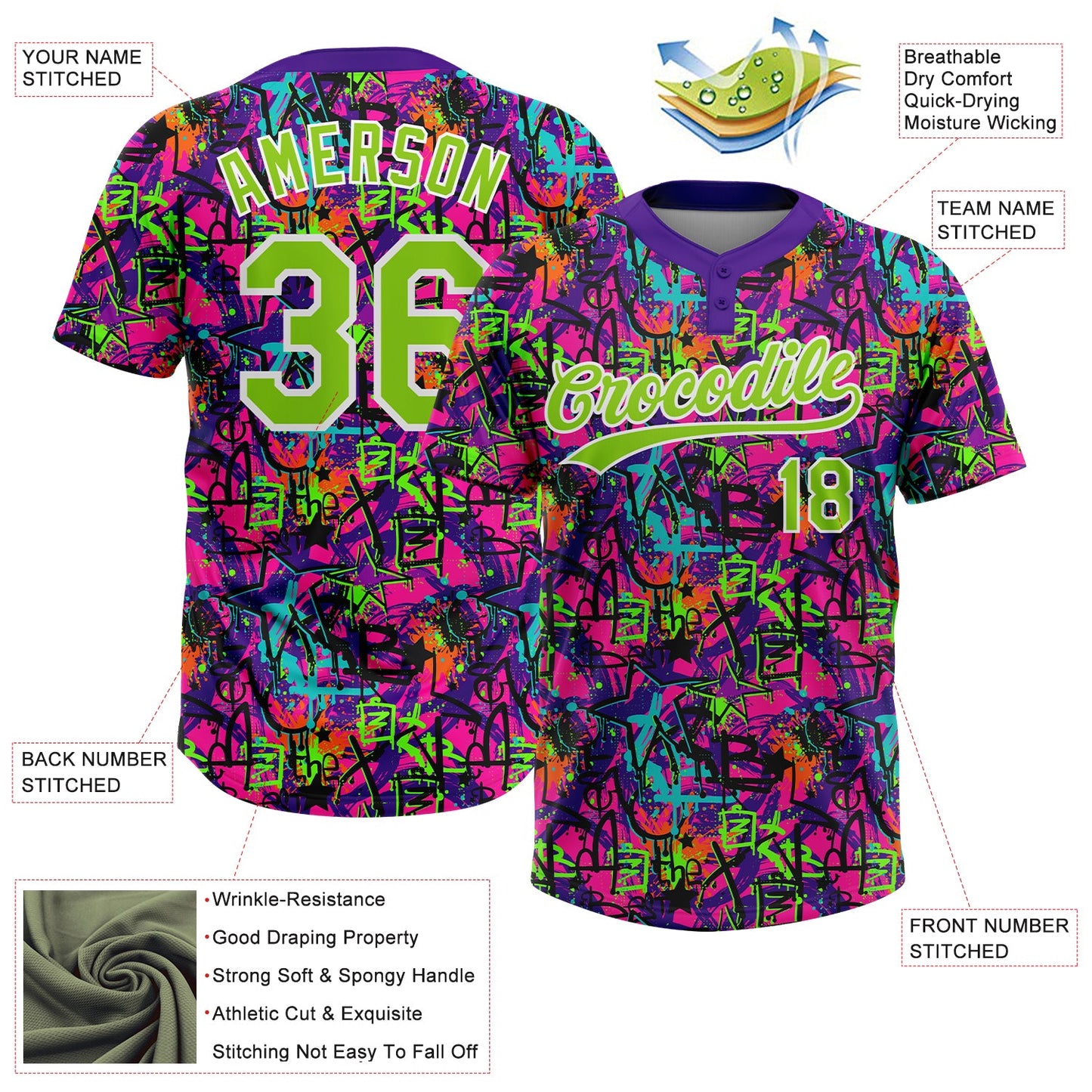 Custom Graffiti Pattern Neon Green-White Vibrant Multi-Color Street Style Two-Button Unisex Softball Jersey view 3