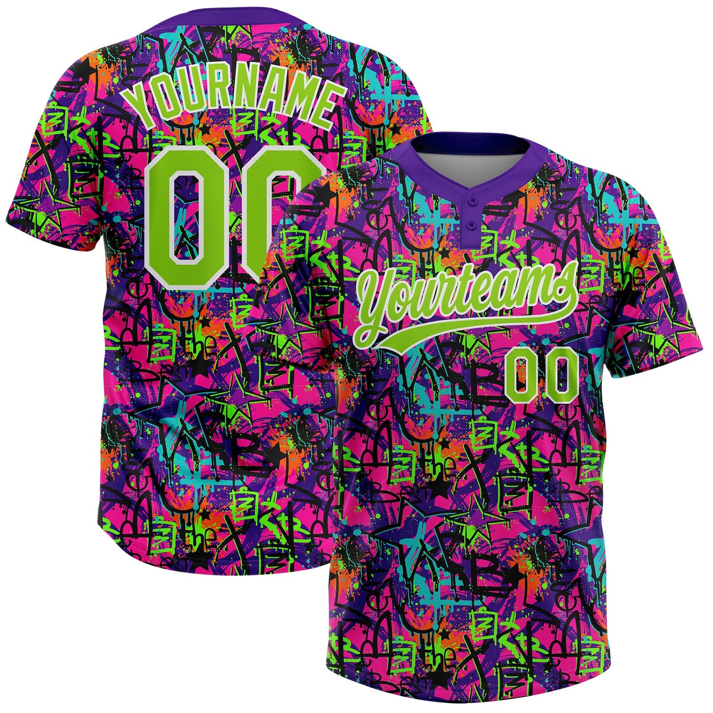 Custom Graffiti Pattern Neon Green-White Vibrant Multi-Color Street Style Two-Button Unisex Softball Jersey - Main View