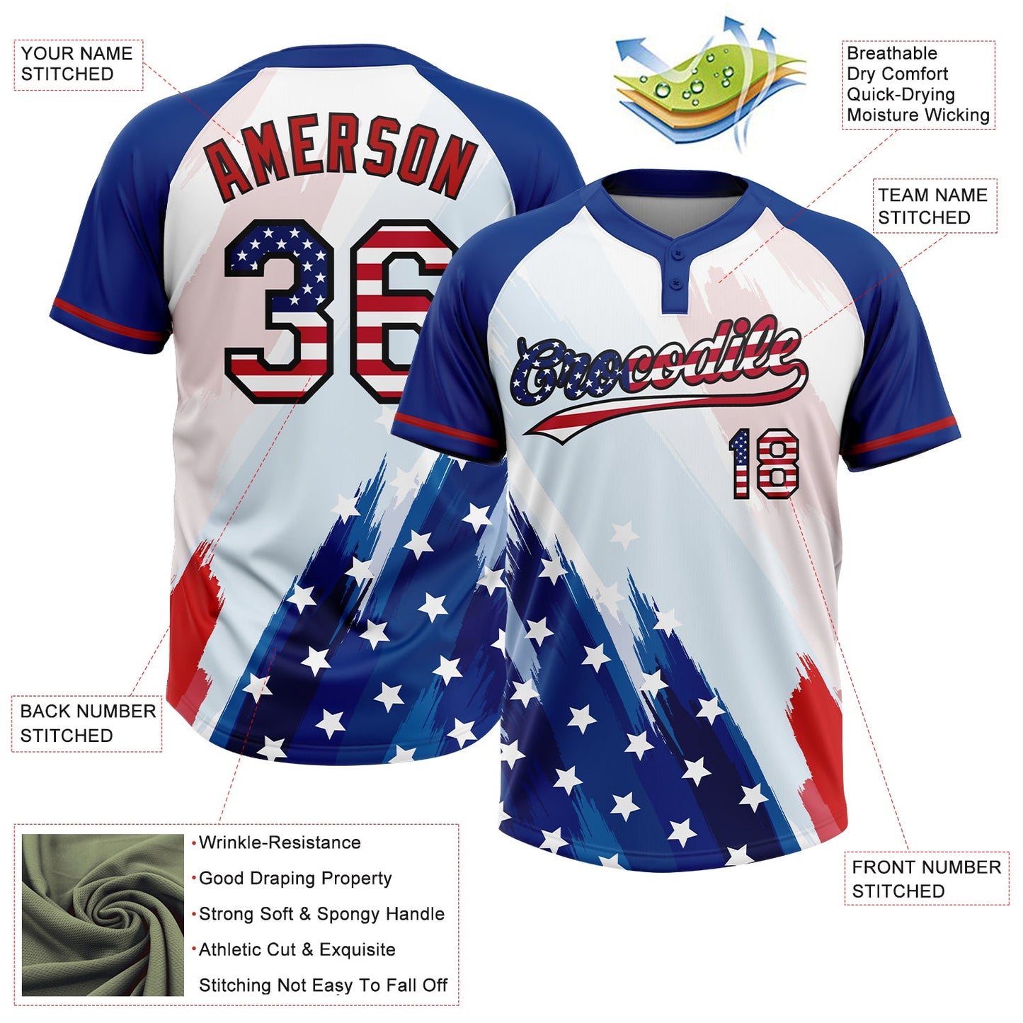 Custom White USA Flag Royal Red-Black American Flag Two-Button Unisex Softball Jersey view 3