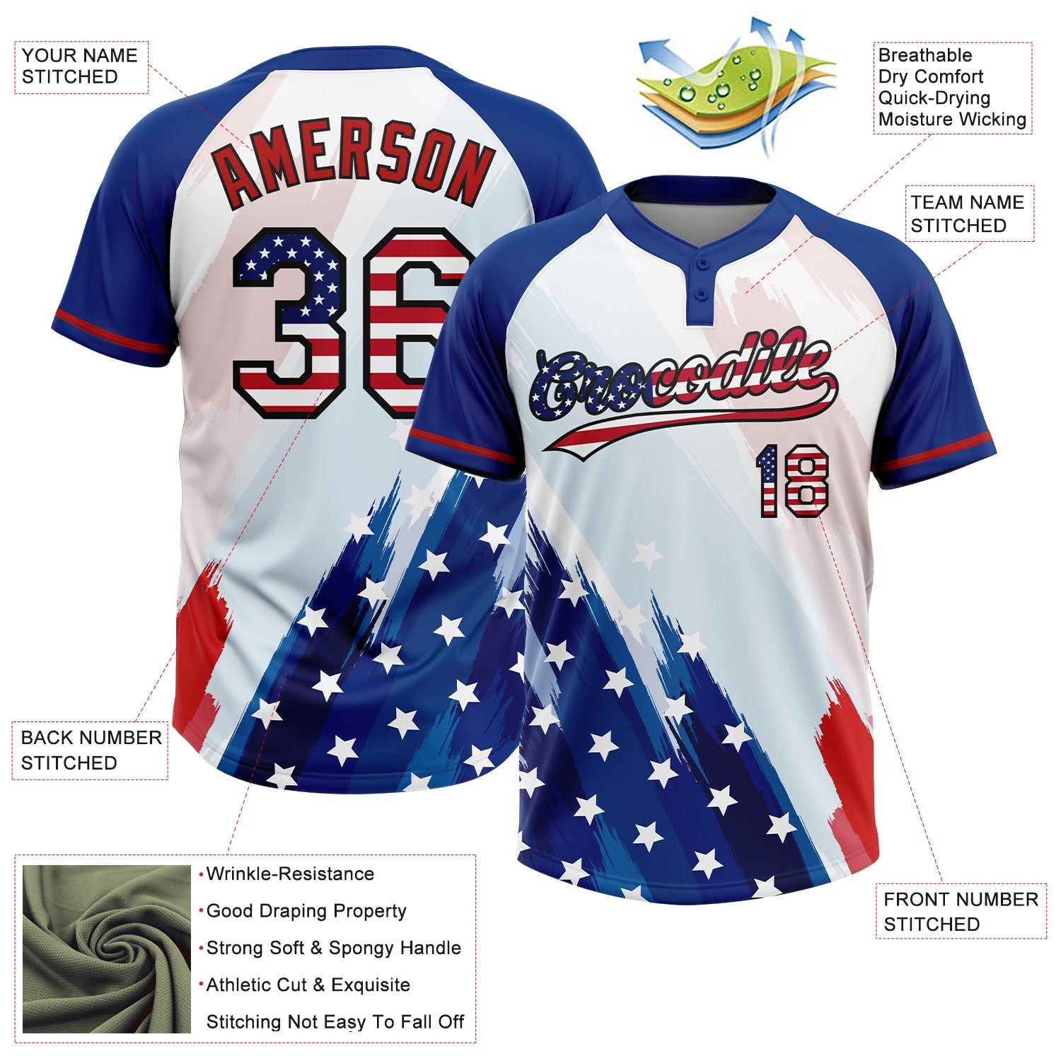 Custom White USA Flag Royal Red-Black American Flag Two-Button Unisex Softball Jersey view 3
