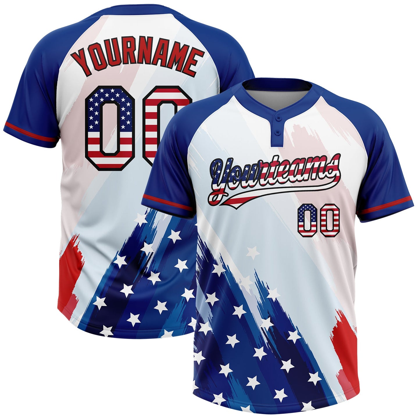 Custom White USA Flag Royal Red-Black American Flag Two-Button Unisex Softball Jersey - Main View