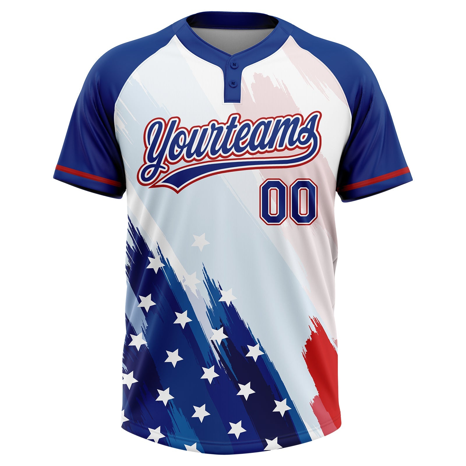 Custom White Royal-Red American Flag Two-Button Unisex Softball Jersey view 2