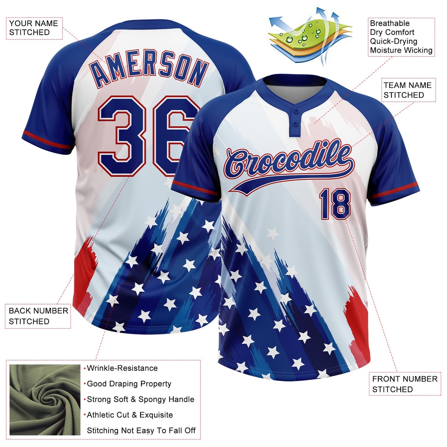 Custom White Royal-Red American Flag Two-Button Unisex Softball Jersey view 3