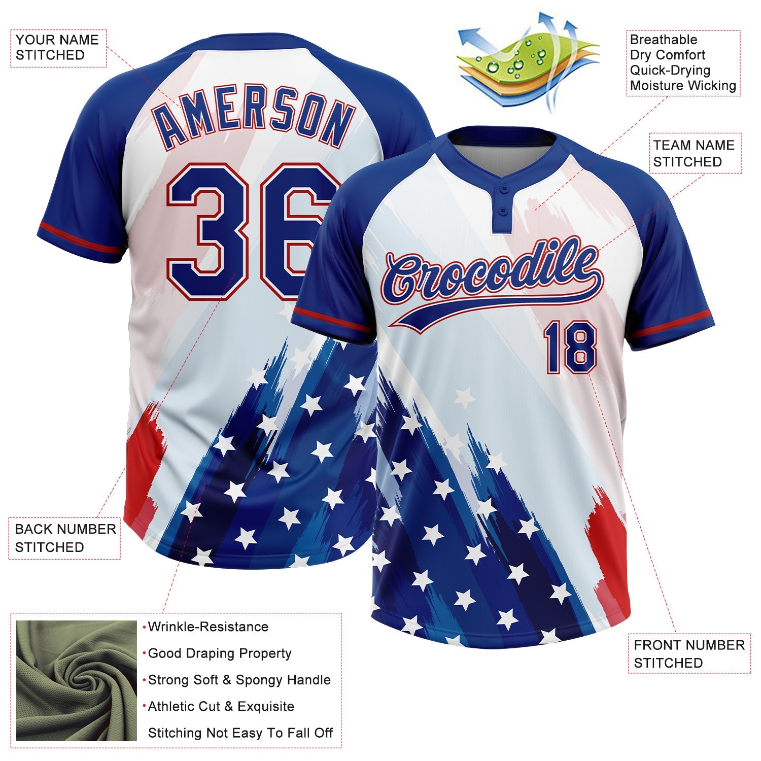 Custom White Royal-Red American Flag Two-Button Unisex Softball Jersey view 3