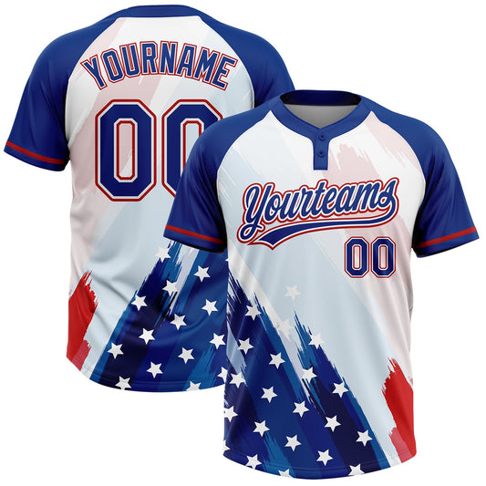Custom White Royal-Red American Flag Two-Button Unisex Softball Jersey - Main View