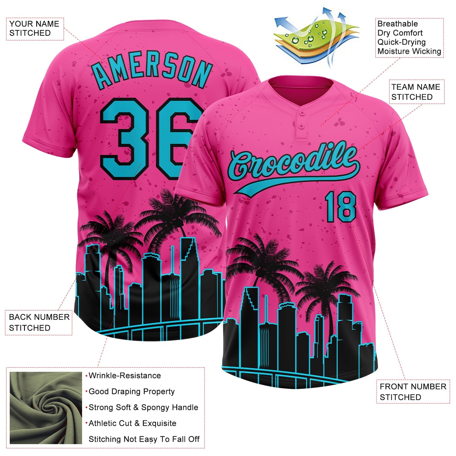 Custom Pink Lakes Blue-Black Miami Palm Trees City Edition Two-Button Unisex Softball Jersey view 3