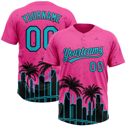 Custom Pink Lakes Blue-Black Miami Palm Trees City Edition Two-Button Unisex Softball Jersey - Main View