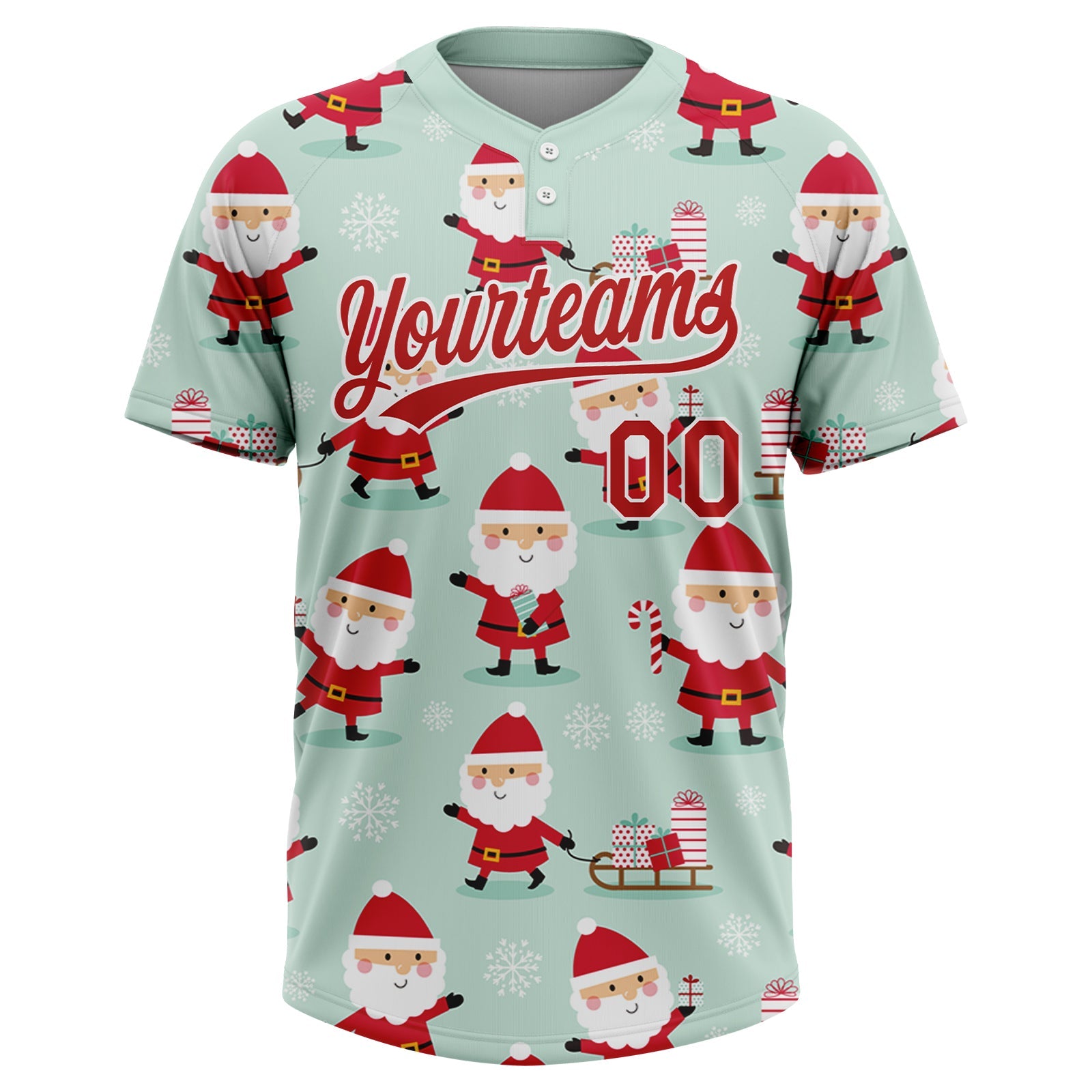 Custom Green Red-White Christmas Santa Claus 3D Pattern Design Two-Button Unisex Softball Jersey view 2