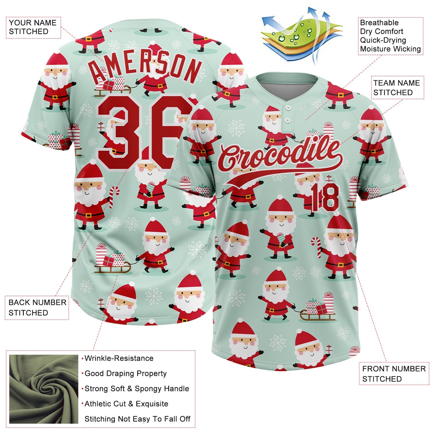 Custom Green Red-White Christmas Santa Claus 3D Pattern Design Two-Button Unisex Softball Jersey view 3