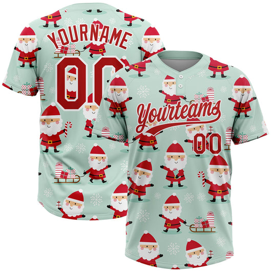 Custom Green Red-White Christmas Santa Claus 3D Pattern Design Two-Button Unisex Softball Jersey - Main View