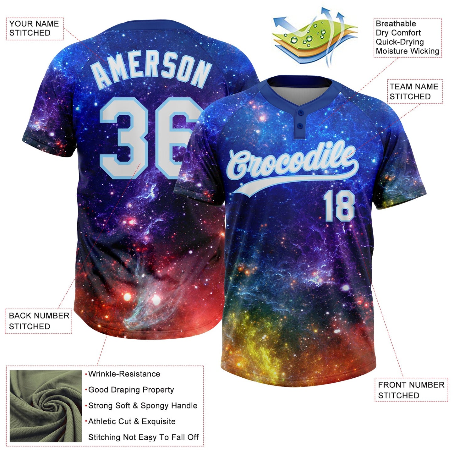 Custom Graffiti Pattern White-Light Blue Galaxy Star Two-Button Unisex Softball Jersey view 3